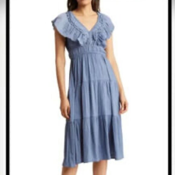 Joie Woman's Blue In Slate Summer Beachy Ruffle Tiered Midi Dress Sz XL - Picture 1 of 10
